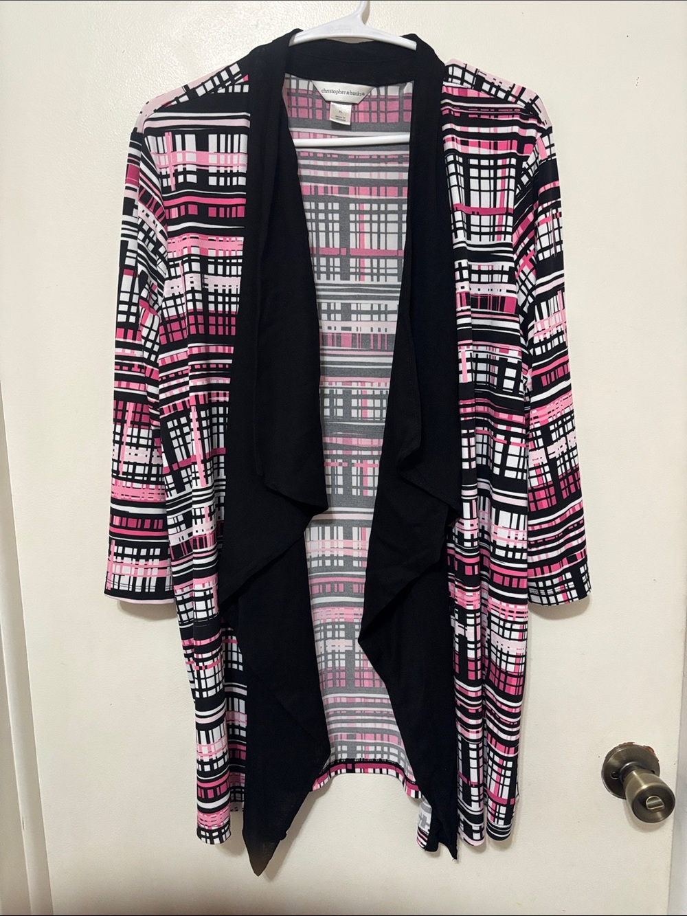 Christopher&Banks Open-Front Plaid Print open front cardigan in Pink & Black XL